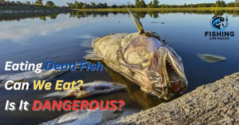 A dead fish washed up on the shore near the water, raising questions about whether it is safe to eat.