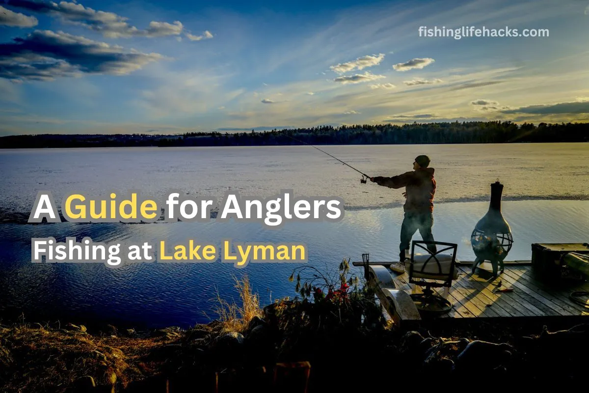 Fishing at Lake Lyman with a calm, glassy water surface reflecting the surrounding trees, while an angler casts a line from the shore under a partly cloudy sky. 4o