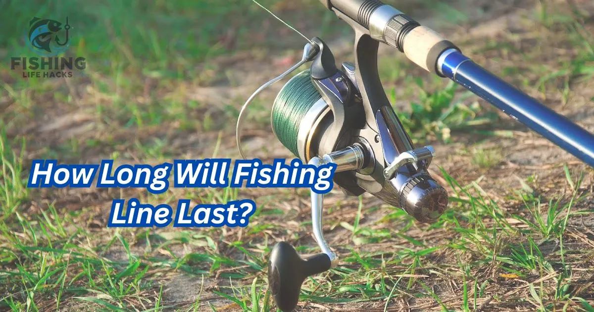 Close-up of fishing reel with line spooled tightly around it, set against a scenic lake background at sunset, emphasizing durability. 'How Long Will Fishing Line Last?' showcasing the focus on fishing line lifespan and factors affecting its longevity.