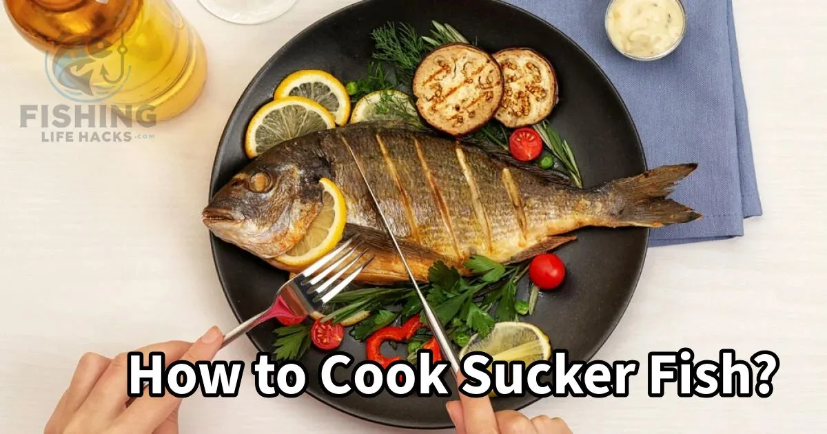 a cooked sucker fish dish garnished with herbs and lemon slices, placed on a rustic wooden table with a side of vegetables. A person’s hand is seen preparing the fish, showcasing the steps of cooking sucker fish.