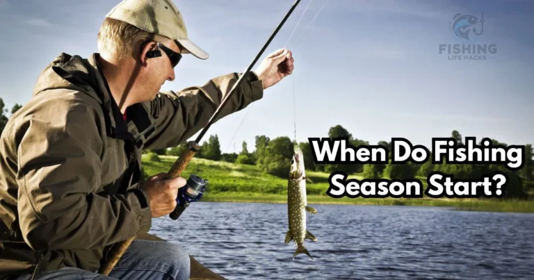 fishing enthusiasts on a lake during springtime, with fish species and fishing seasons labeled to highlight when fishing seasons typically start in different regions