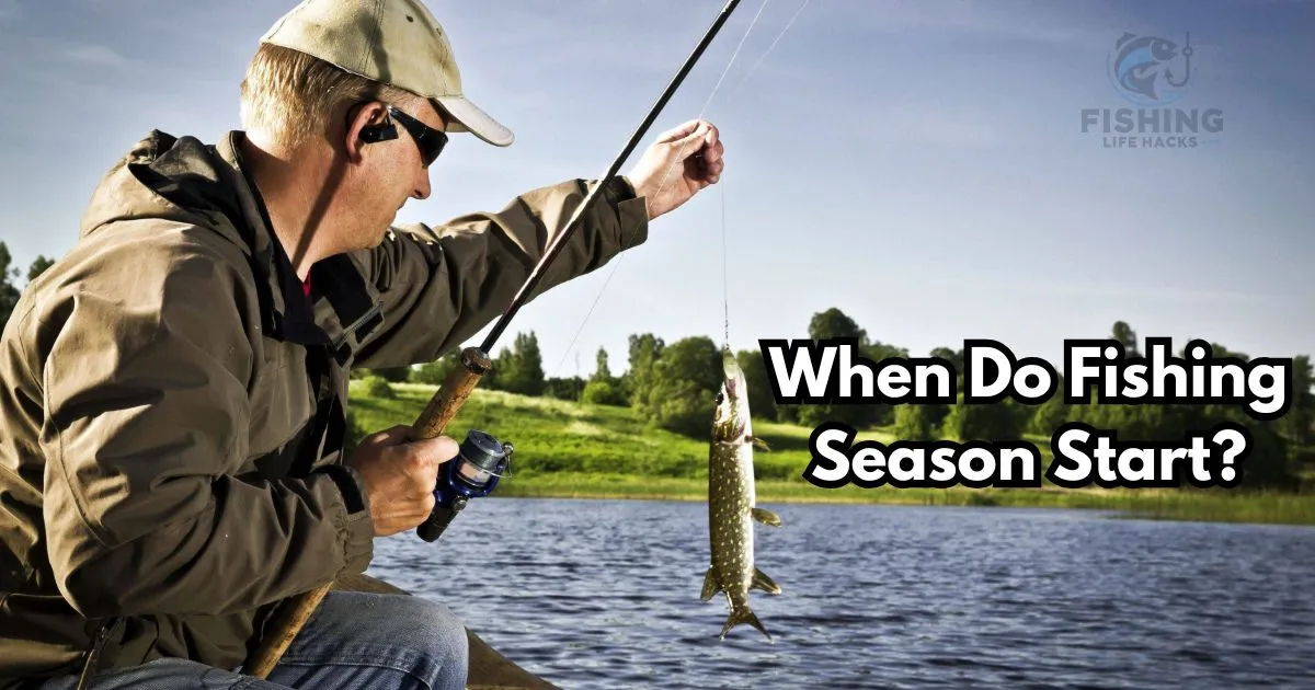 fishing enthusiasts on a lake during springtime, with fish species and fishing seasons labeled to highlight when fishing seasons typically start in different regions